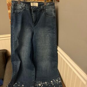 Rachel Roy Denim High Rise Gaucho Denim Blue Jeans Fringe Splatter Trim Size 29